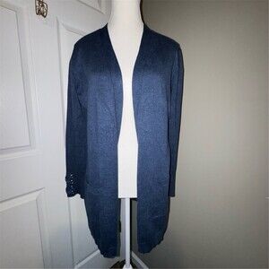Isela Open Front Longline Cardigan Sweater Womens Size M Blue Minimalist Preppy